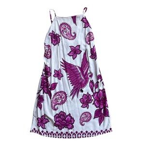 White and Purple Floral Bird Print Dress